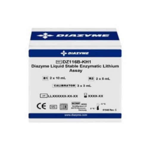 Diazyme Enzymatic Lithium Test Kit (liquid stable), R1: 2 x 20 mL, R2: 2 x 10 mL, Cal: 3 x 3 mL vial