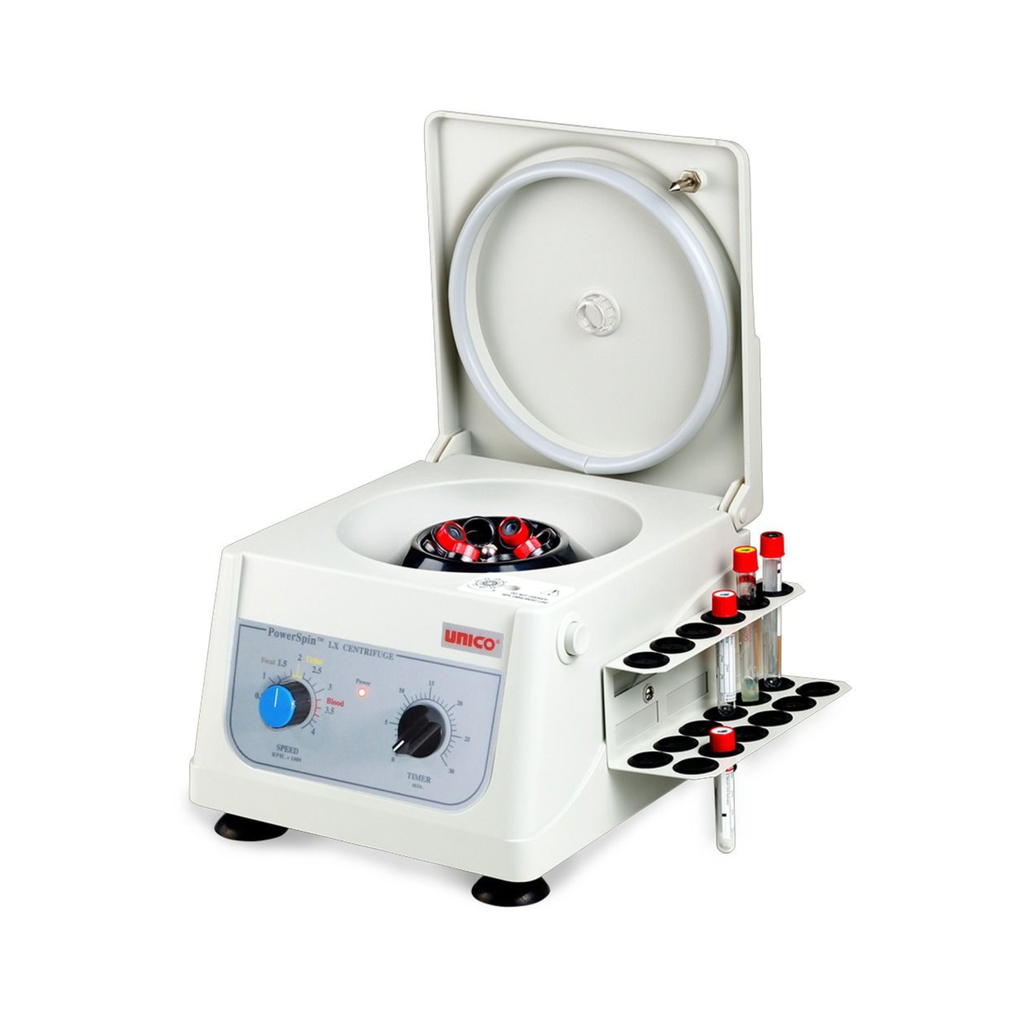 PowerSpin LX with 8 Place Rotor, variable speed 300 - 4,000 RPM, 30 min timer, 8x10ml capacity, 110 V with 18 Place Tube Holdster Rack
